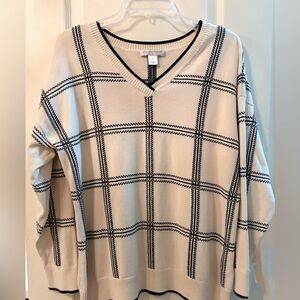 Christopher & Banks Cream V-Neck Windowpane Sweater with Black Trim